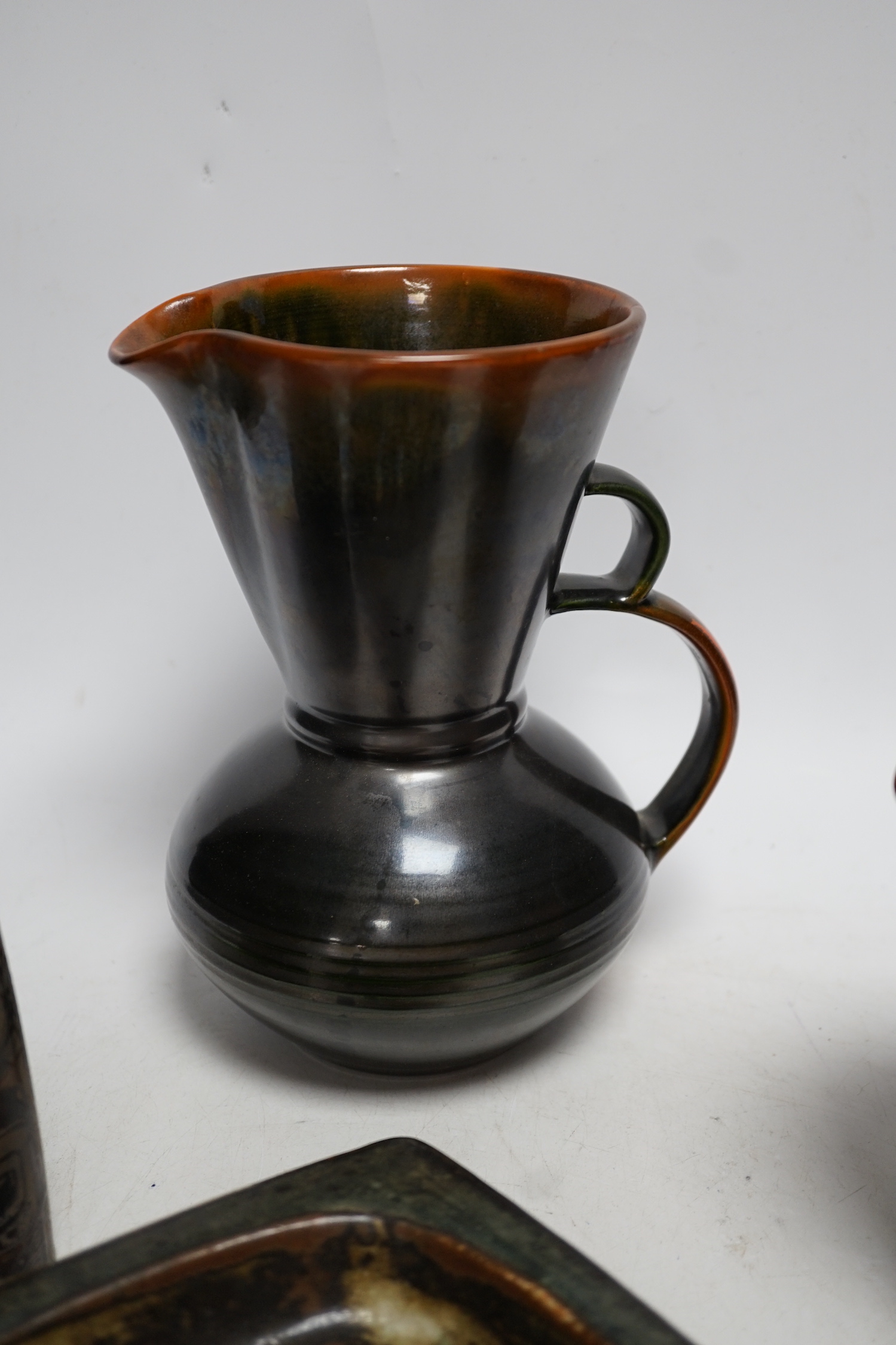 Danish ceramics, including a Royal Copenhagen rectangular shallow dish, a Royal Copenhagen vase, a pedestal vase, and a Dissing, Denmark jug, tallest 19cm